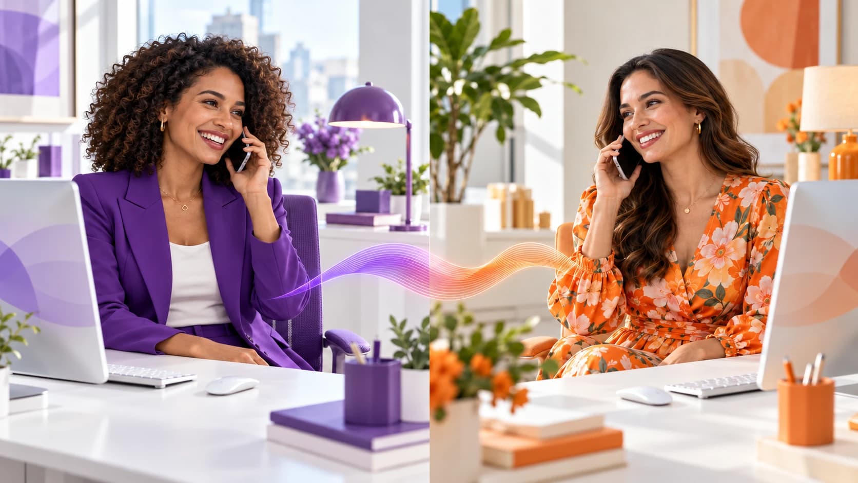 Two smiling professionals sharing a phone conversation from their desks, connected by a violet and tangerine sound wave.